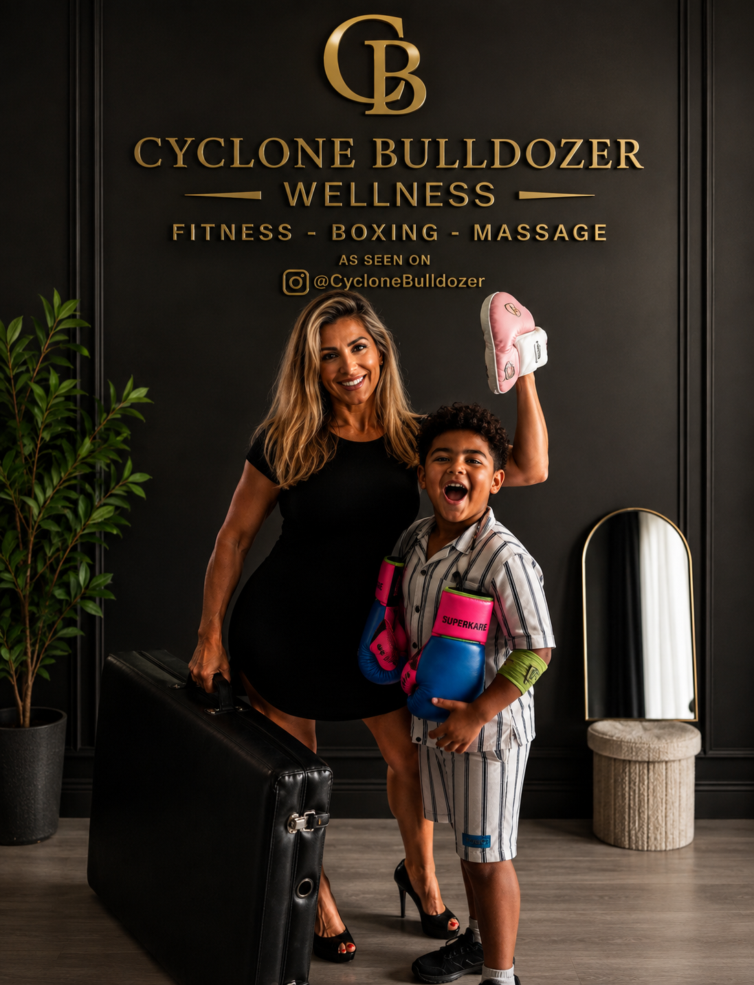 Leslie Parker and her son representing Cyclone Bulldozer Wellness
