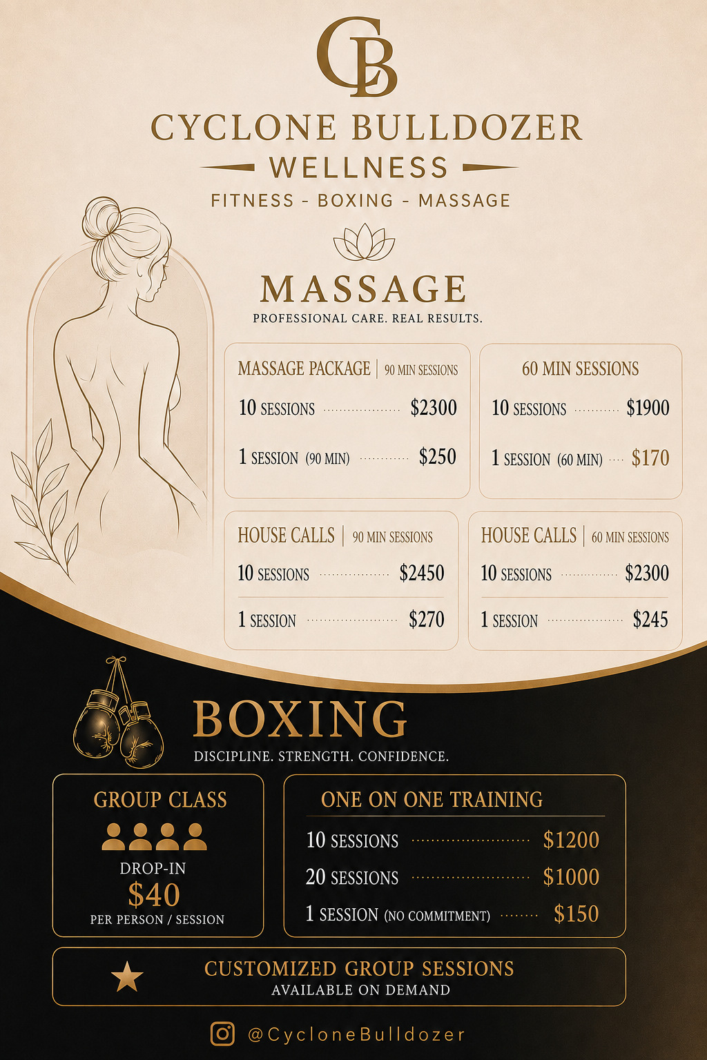 Cyclone Bulldozer Wellness pricing menu for massage and boxing